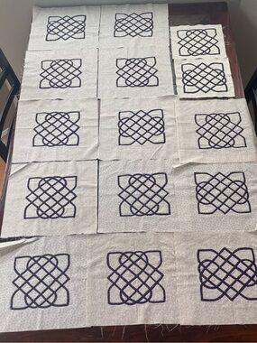 15 FINISHED QUILT Blocks In Celtic Design, (14) 13.5”, (2) 10”, Bias Tape